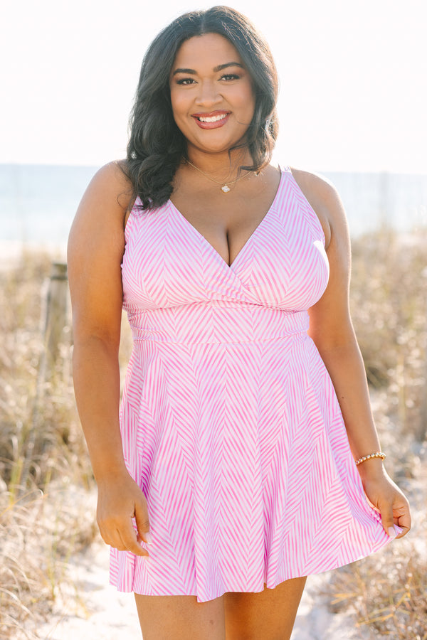 Chic Soul plus size clothing, pink stripe swim dress with a deep v-neckline and a ban going around the bottom of the chest 