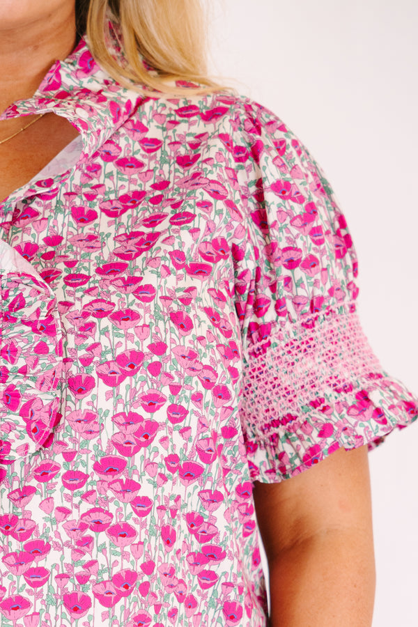 Chic Soul plus size clothing, dark pink floral print short dress with cinched puff sleeves and ruffle v neck oversized collar