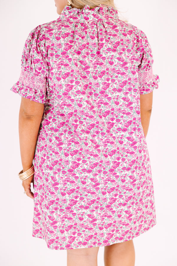 Chic Soul plus size clothing, dark pink floral print short dress with cinched puff sleeves and ruffle v neck oversized collar