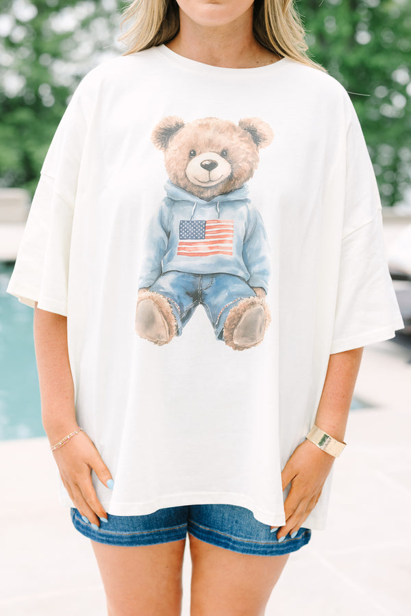 Ivory oversized boyfriend tee featuring a watercolor teddy bear in a patriotic hoodie.