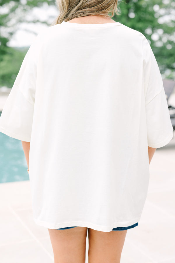Ivory oversized boyfriend tee featuring a watercolor teddy bear in a patriotic hoodie.