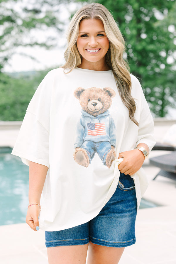 Ivory oversized boyfriend tee featuring a watercolor patriotic teddy bear graphic.