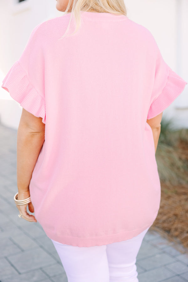 Chic Soul plus size clothing, pink short flutter sleeve light knit sweater