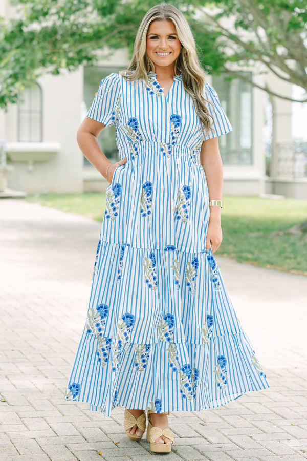 Chic Soul plus size clothing, tiered maxi dress with short sleeves a slight v-neckline and a floral block print with stripes