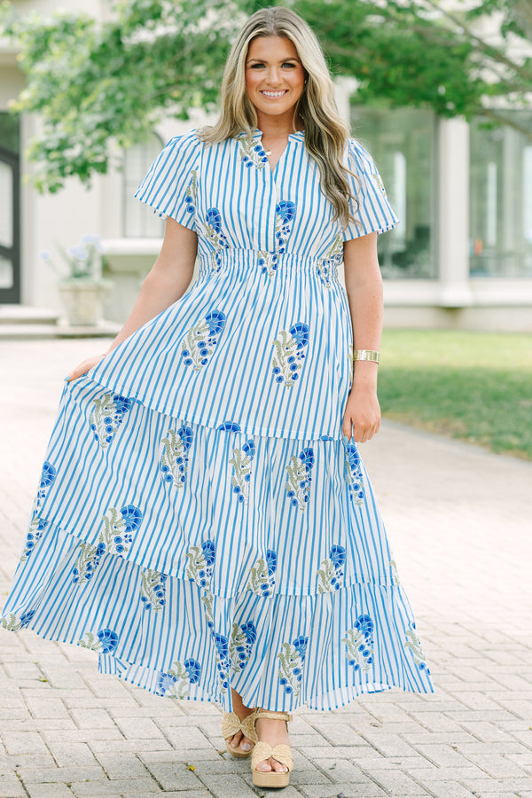 Chic Soul plus size clothing, tiered maxi dress with short sleeves a slight v-neckline and a floral block print with stripes
