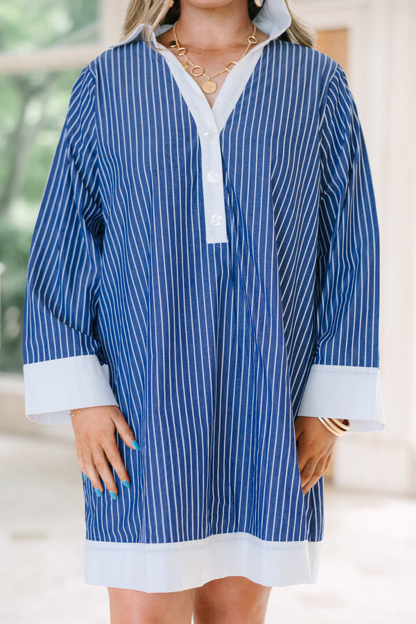 Chic Soul Plus Size Clothing, a short navy and white striped dress with white trims, long sleeves and a collared button up V-neck. 