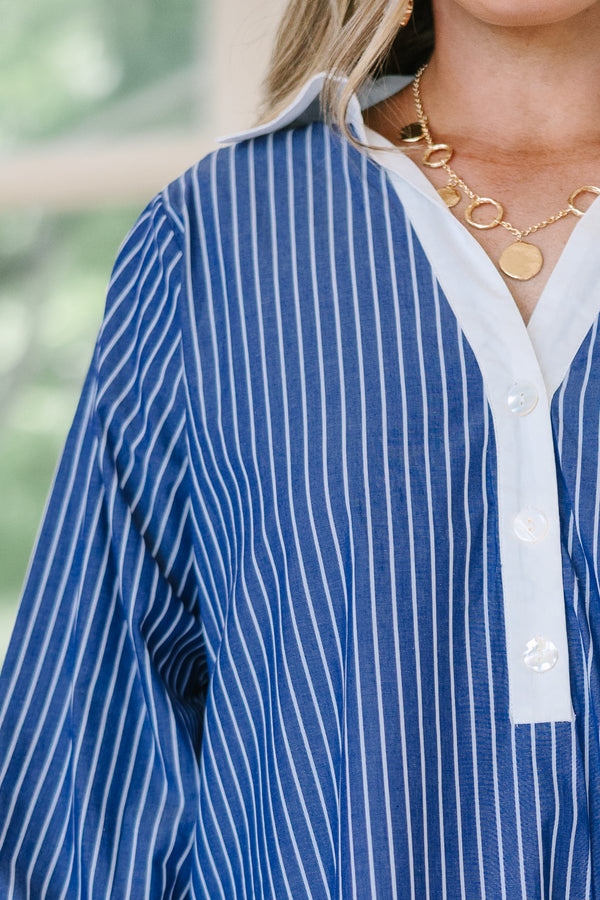 Chic Soul Plus Size Clothing, a short navy and white striped dress with white trims, long sleeves and a collared button up V-neck. 
