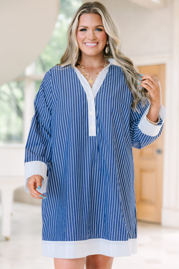 Chic Soul Plus Size Clothing, a short navy and white striped dress with white trims, long sleeves and a collared button up V-neck. 