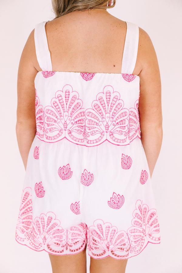 Chic Soul plus size clothing, white sleeveless romper with overlay on the chest area as well as a pink eyelet detailed pattern 
