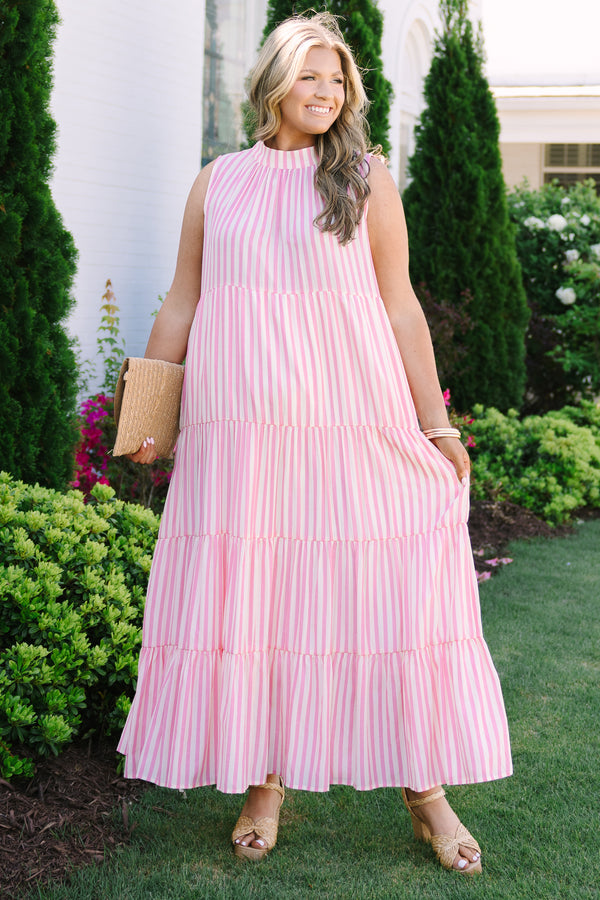 Chic Soul plus size clothing, pink sleeveless tiered maxi dress with a high neck and a striped pattern  