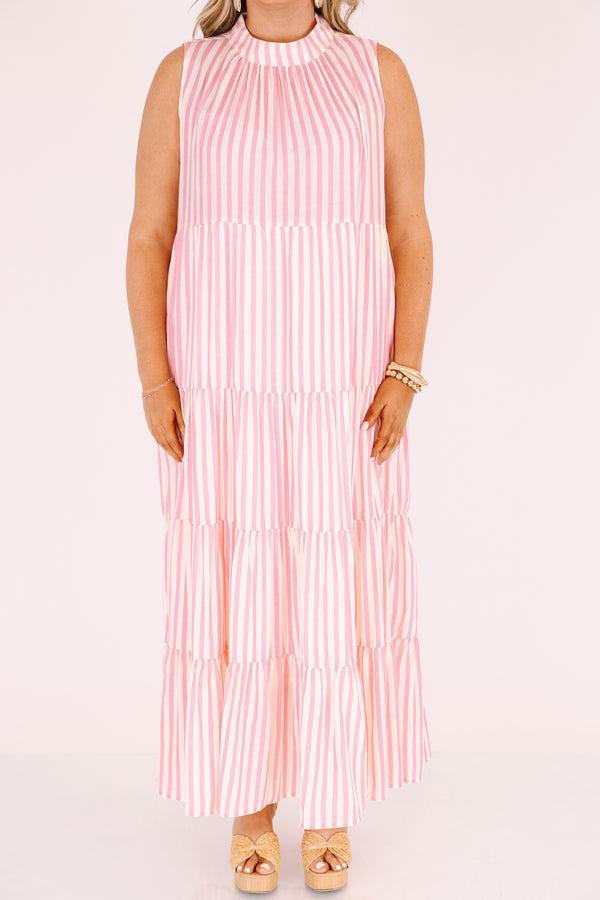 Chic Soul plus size clothing, pink sleeveless tiered maxi dress with a high neck and a striped pattern  
