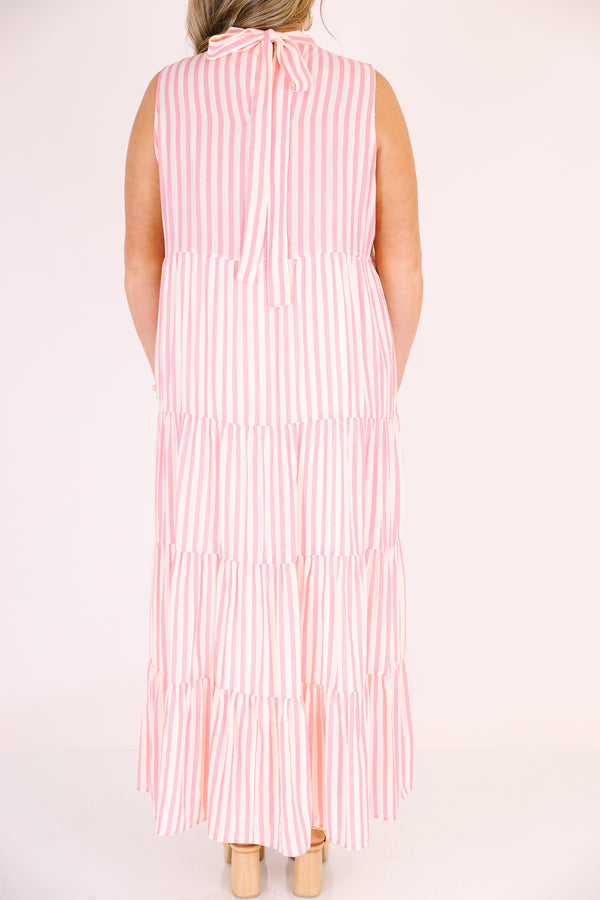Chic Soul plus size clothing, pink sleeveless tiered maxi dress with a high neck and a striped pattern  