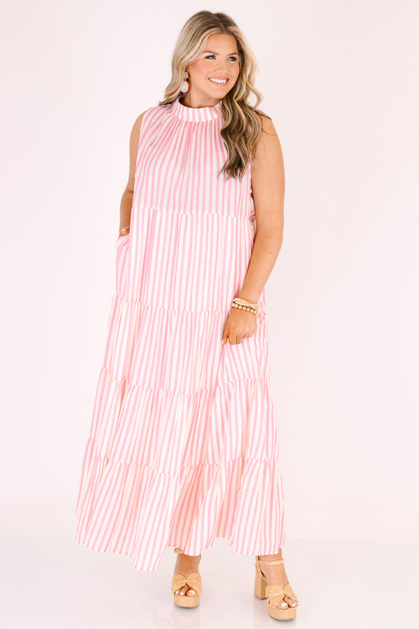 Chic Soul plus size clothing, pink sleeveless tiered maxi dress with a high neck and a striped pattern  