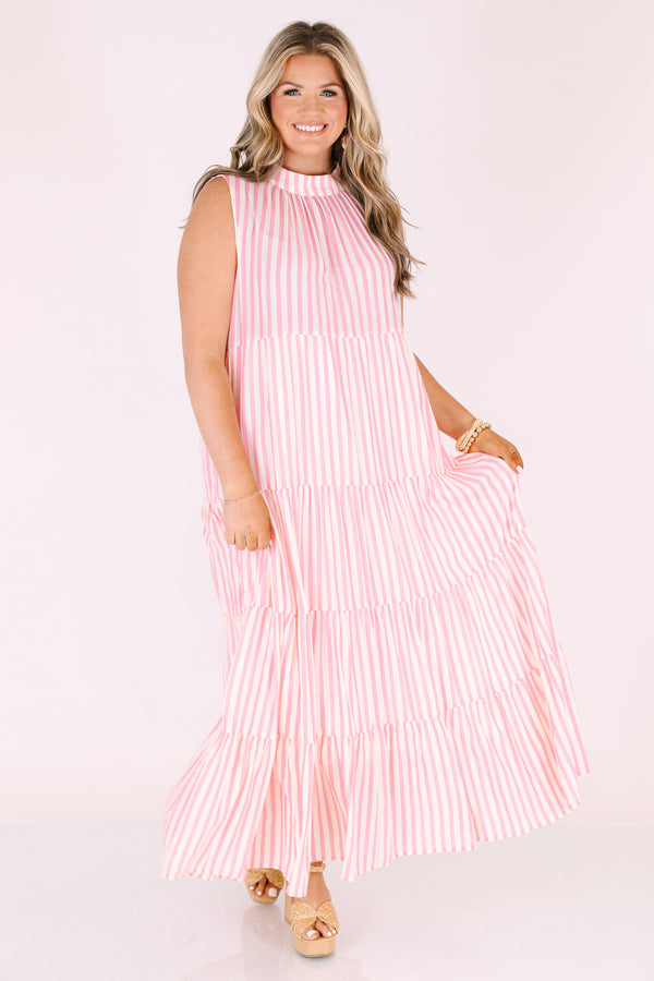 Chic Soul plus size clothing, pink sleeveless tiered maxi dress with a high neck and a striped pattern  