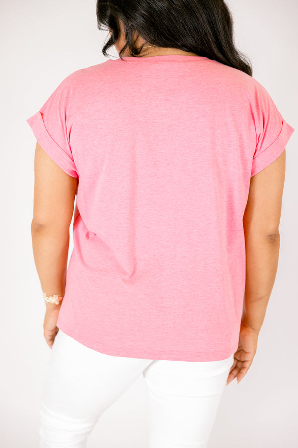 heather fuchsia tee with cuffed short sleeves and a round neckline