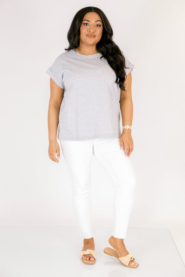Chic Soul plus size clothing, heather gray short basic tee with short sleeves that have cuffs at the end of each sleeve 