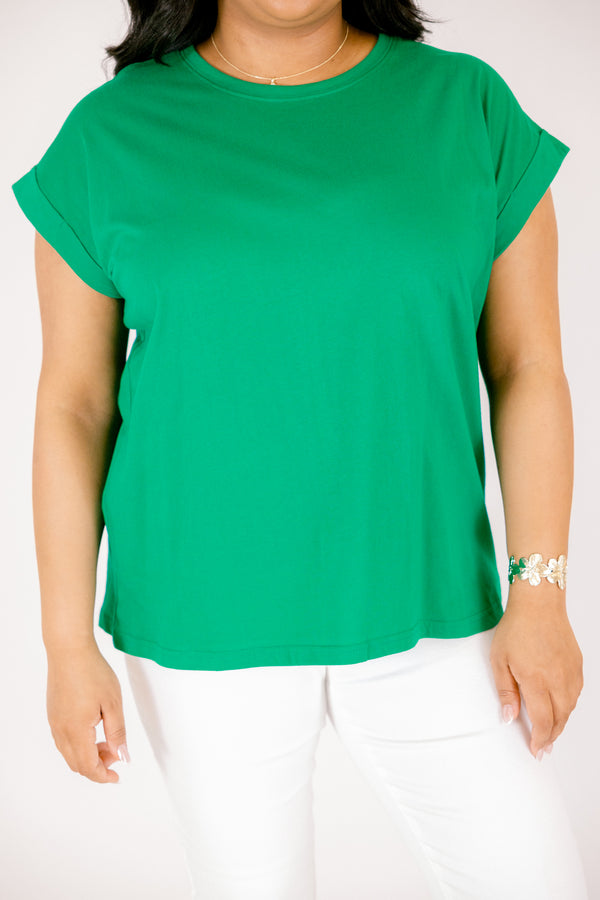 Plus Size kelly green crew neck cotton tee with short cuffed sleeves and a relaxed fit.