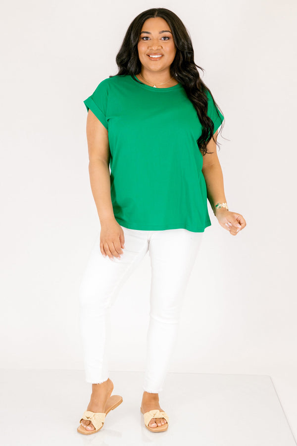 Plus Size kelly green crew neck cotton tee with short cuffed sleeves and a relaxed fit.