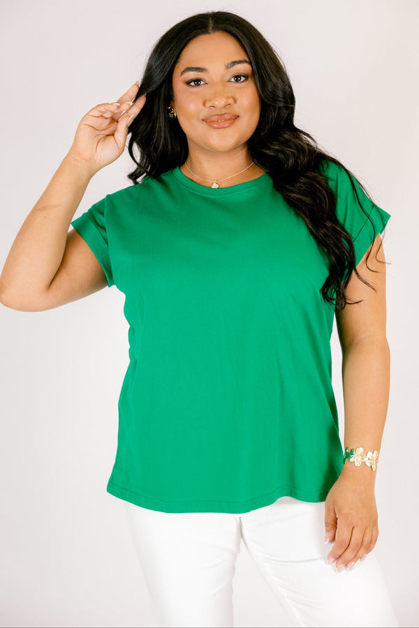 Plus Size kelly green crew neck cotton tee with short cuffed sleeves and a relaxed fit.