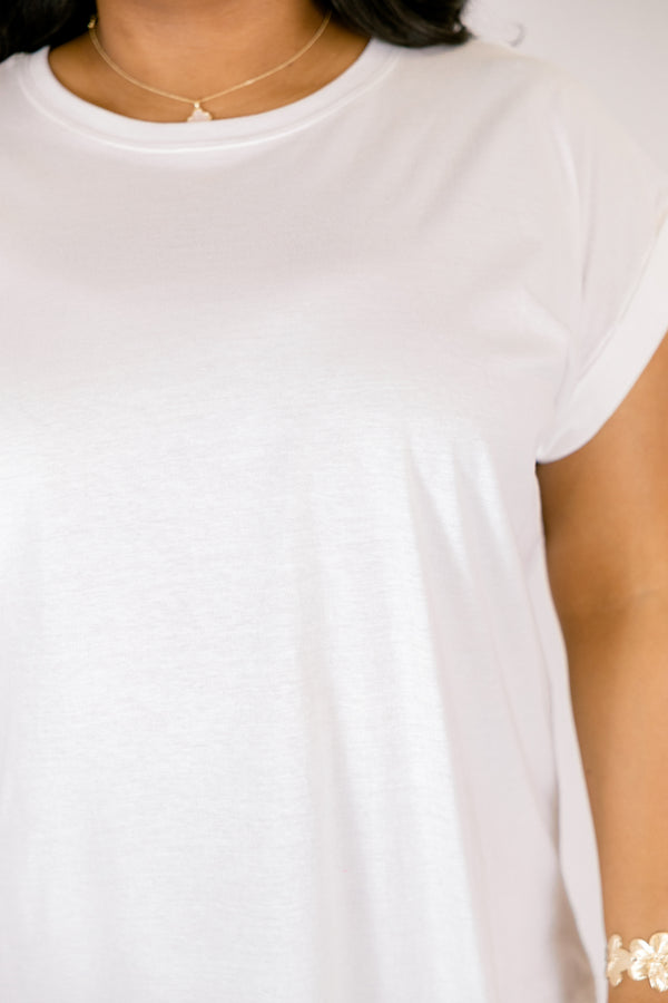 Plus Size white solid crew neck cotton tee with cuffed short sleeves and blue denim frayed shorts.