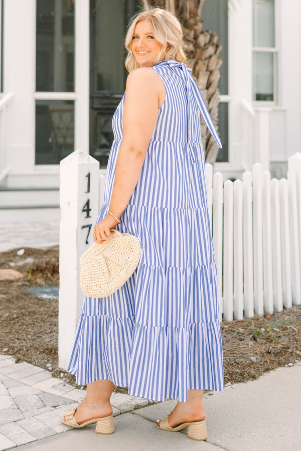 Chic Soul plus size clothing, blue tiered maxi dress with a high neck and a vertical striped pattern throughout 