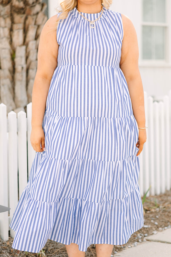 Chic Soul plus size clothing, blue tiered maxi dress with a high neck and a vertical striped pattern throughout 