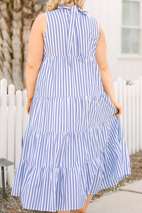Chic Soul plus size clothing, blue tiered maxi dress with a high neck and a vertical striped pattern throughout 