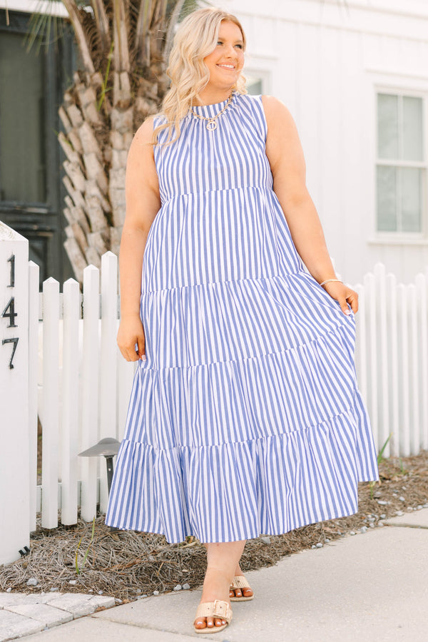 Chic Soul plus size clothing, blue tiered maxi dress with a high neck and a vertical striped pattern throughout 