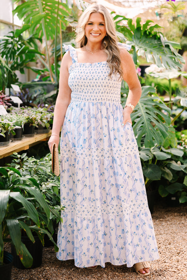 Chic Soul plus size clothing, white maxi dress with a square neckline and ruffle detailed straps with a blue floral pattern throughout 