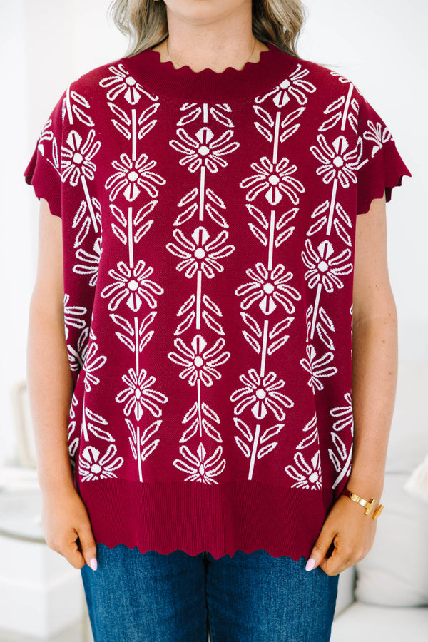 Plus size burgundy Pure Of Heart Sweater with white floral knit, scalloped edges, and a flowy fit.