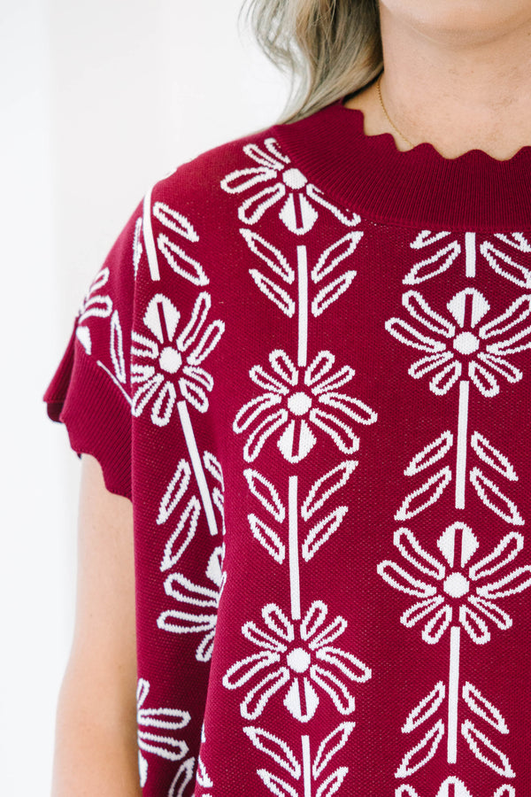 Plus size burgundy Pure Of Heart Sweater with white floral knit, scalloped edges, and a flowy fit.