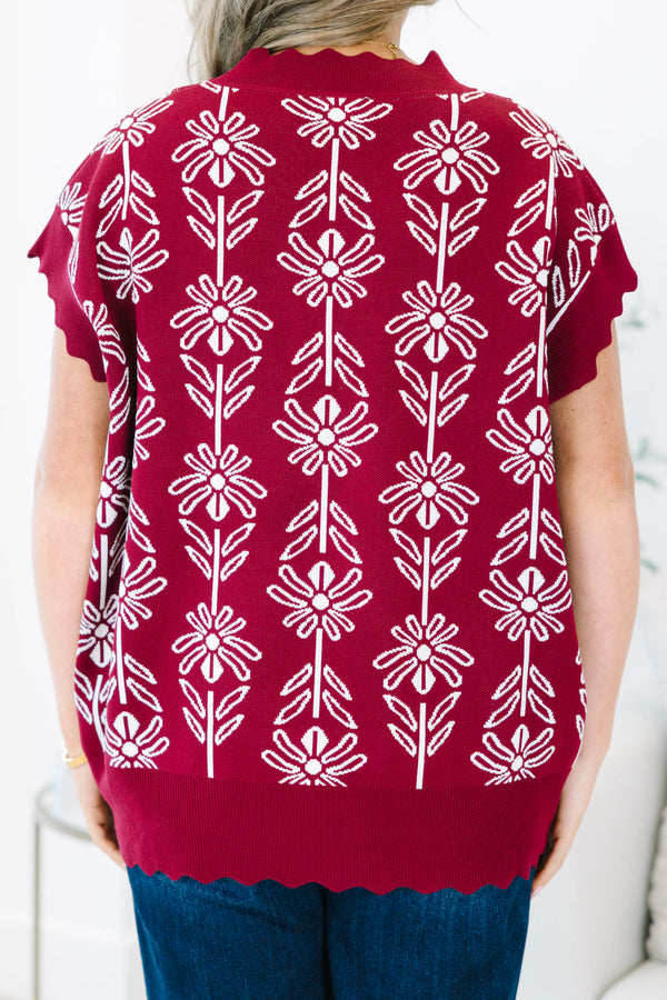 Plus size burgundy Pure Of Heart Sweater with white floral knit, scalloped edges, and a flowy fit.