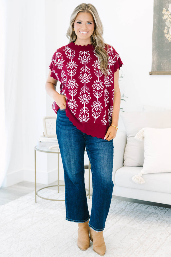 Plus size burgundy Pure Of Heart Sweater with white floral knit, scalloped edges, and a flowy fit.