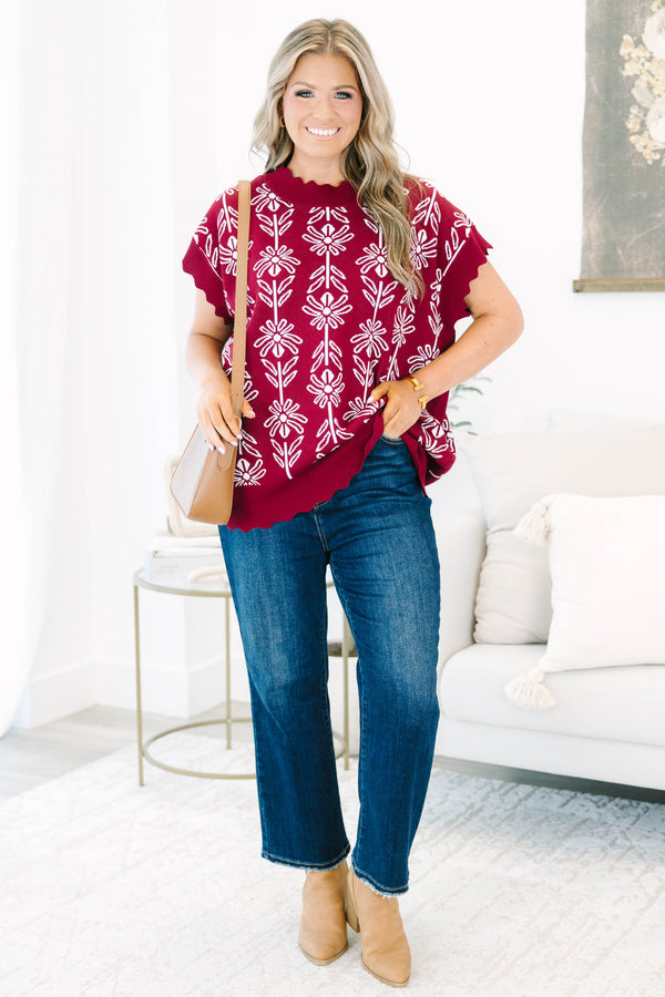 Plus size burgundy Pure Of Heart Sweater with white floral knit, scalloped edges, and a flowy fit.