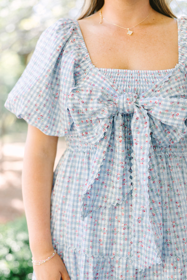 Chic Soul plus size clothing, light blue gingham patterned short puff sleeve tiered midi dress with oversized bow tying across the chest