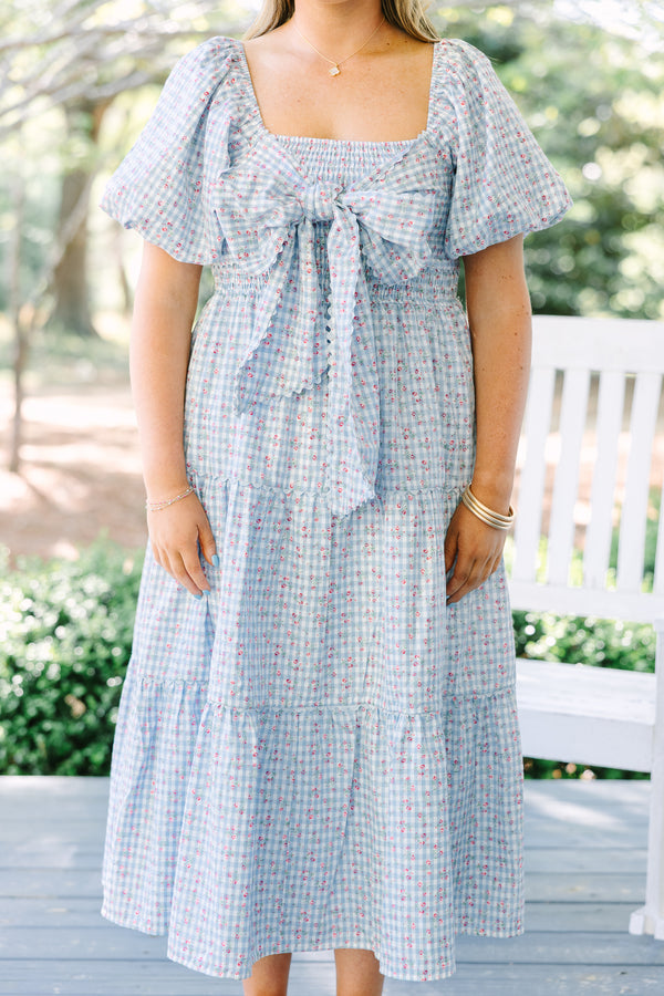Chic Soul plus size clothing, light blue gingham patterned short puff sleeve tiered midi dress with oversized bow tying across the chest