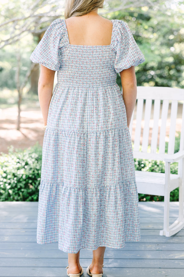 Chic Soul plus size clothing, light blue gingham patterned short puff sleeve tiered midi dress with oversized bow tying across the chest
