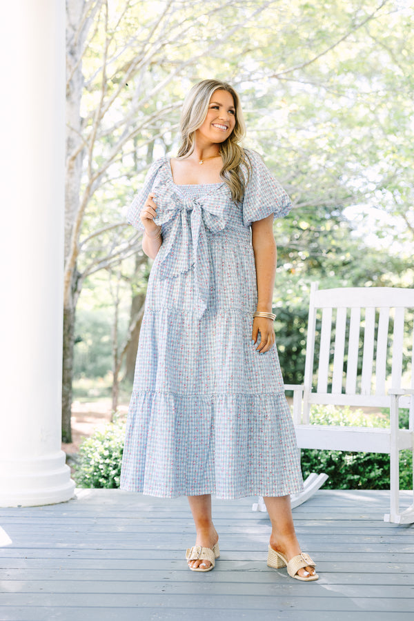 Chic Soul plus size clothing, light blue gingham patterned short puff sleeve tiered midi dress with oversized bow tying across the chest