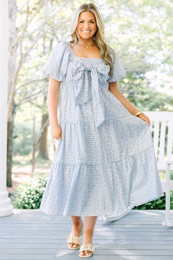 Chic Soul plus size clothing, light blue gingham patterned short puff sleeve tiered midi dress with oversized bow tying across the chest