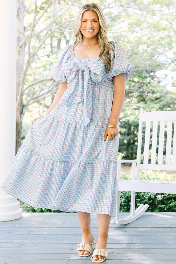 Chic Soul plus size clothing, light blue gingham patterned short puff sleeve tiered midi dress with oversized bow tying across the chest