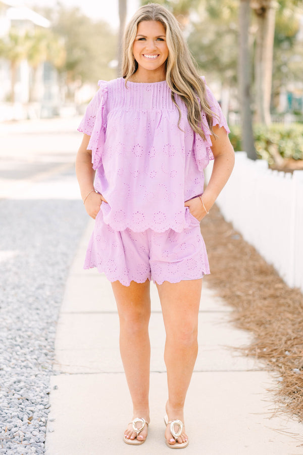 Chic Soul plus size clothing, light purple short flutter sleeve top with eyelet pattern and a high-scoop-neckline and a scalloped edge at the bottom of the top