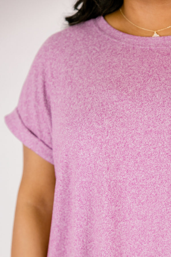 Plus Size light plum mélange hacci tee with short cuffed sleeves and a round neckline.