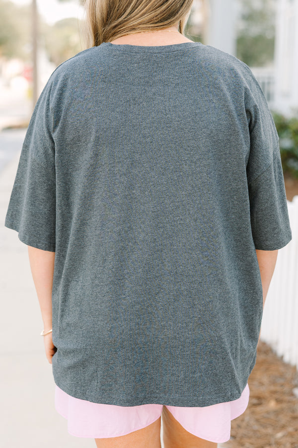 Chic Soul plus size clothing, charcoal gray short sleeve boyfriend tee with 
