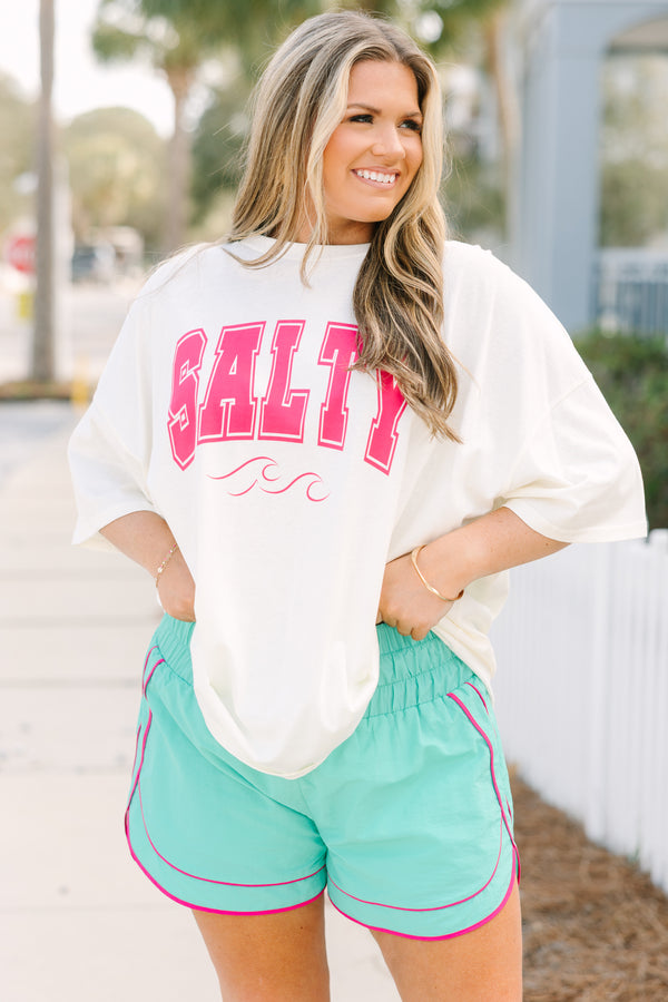 Chic Soul plus size clothing, bright teal high waisted athletic shorts with thick elastic waistband and fuchsia trim around the legs