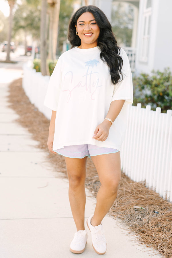 Chic Soul plus size clothing, ivory white short sleeve boyfriend tee with 