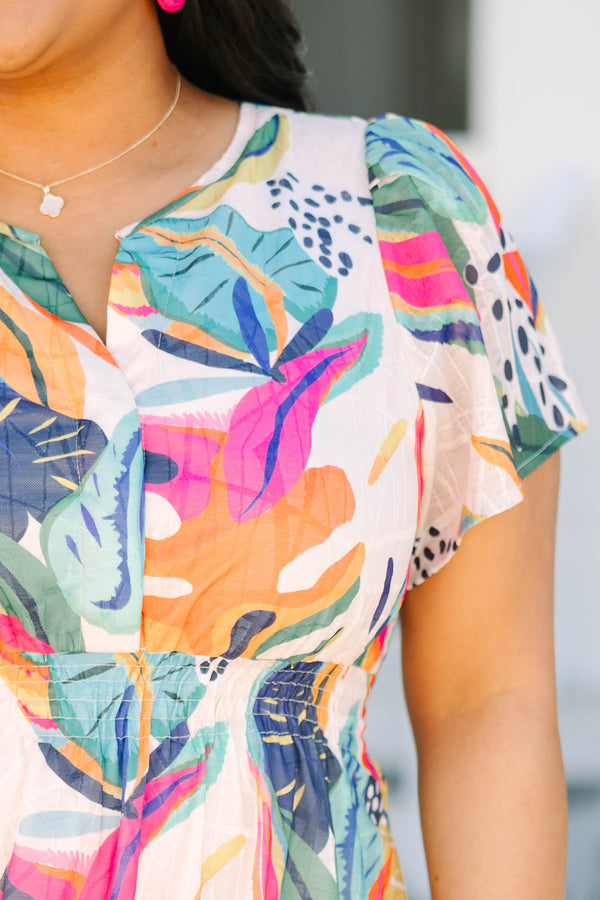 Chic Soul plus size clothing, short sleeve fuchsia multi-colored dress with small v-neckline and floral details