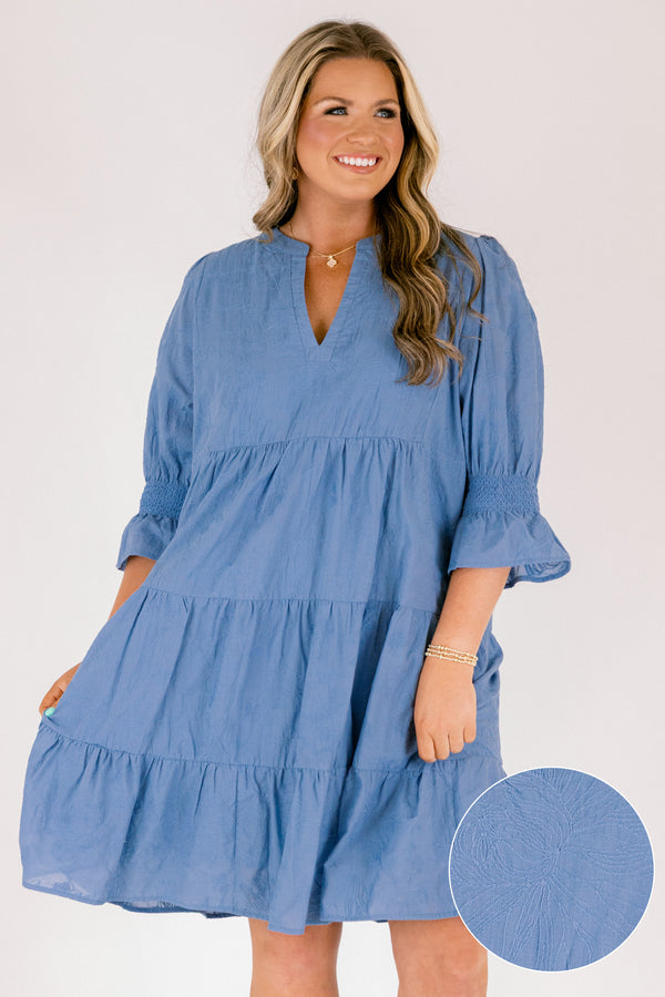 Chic Soul plus size clothing, cerulean midi sleeve short babydoll dress with cinched sleeves and v-neckline