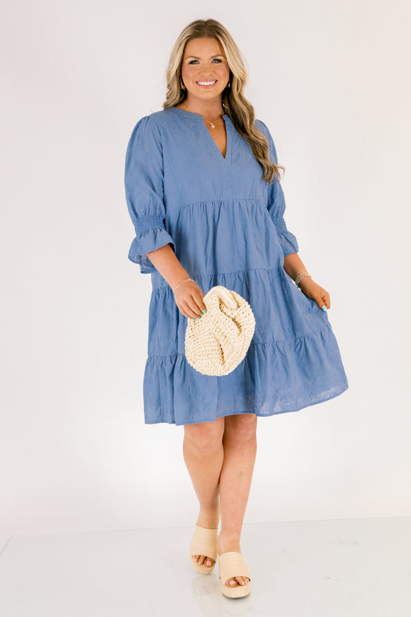 Chic Soul plus size clothing, cerulean midi sleeve short babydoll dress with cinched sleeves and v-neckline