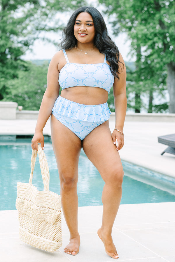 Plus Size light blue bikini top with a dark blue ribbon pattern and thin shoulder straps.