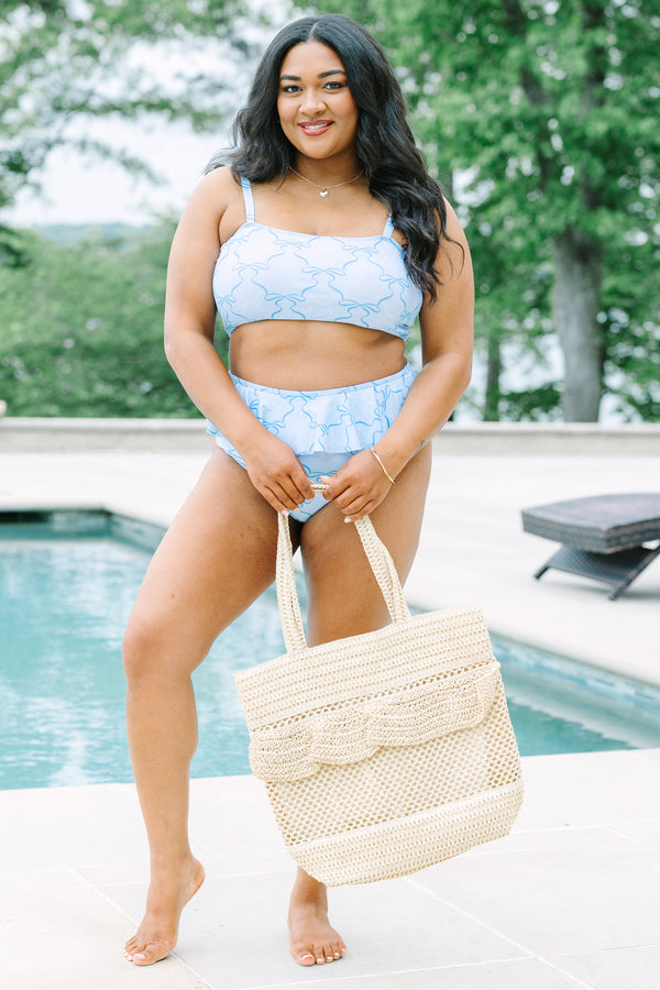 Plus Size light blue bikini top with a dark blue ribbon pattern and thin shoulder straps.